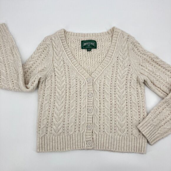 American Eagle Ivory Chunky Cable Knit Cardigan Sweater sz M Rory Gilmore - Picture 1 of 10